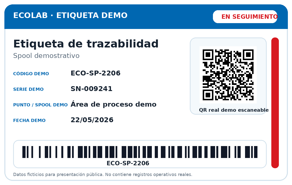 Etiqueta demo de trazabilidad con QR real, CODE128, código interno y serie ficticia